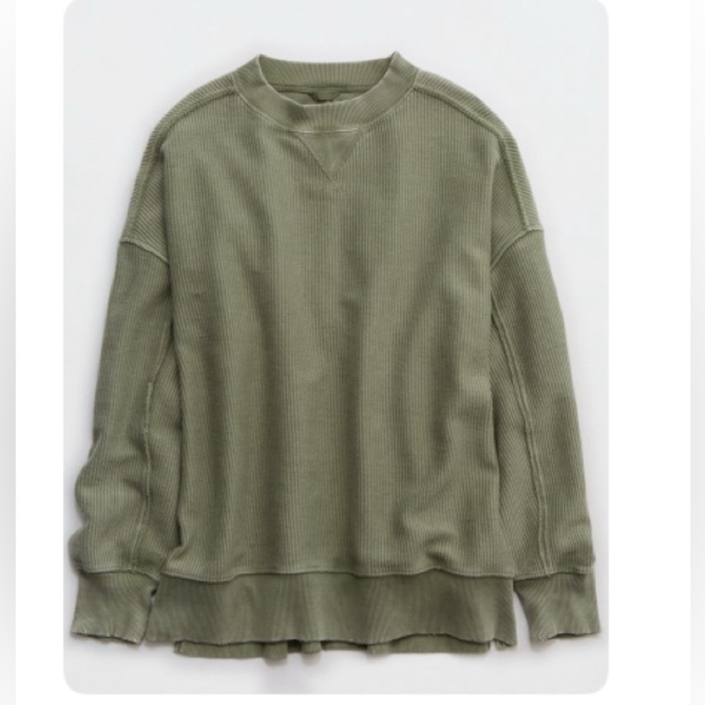 Aerie big chill textured crewneck sweatshirt in “olive fun”  - size small -